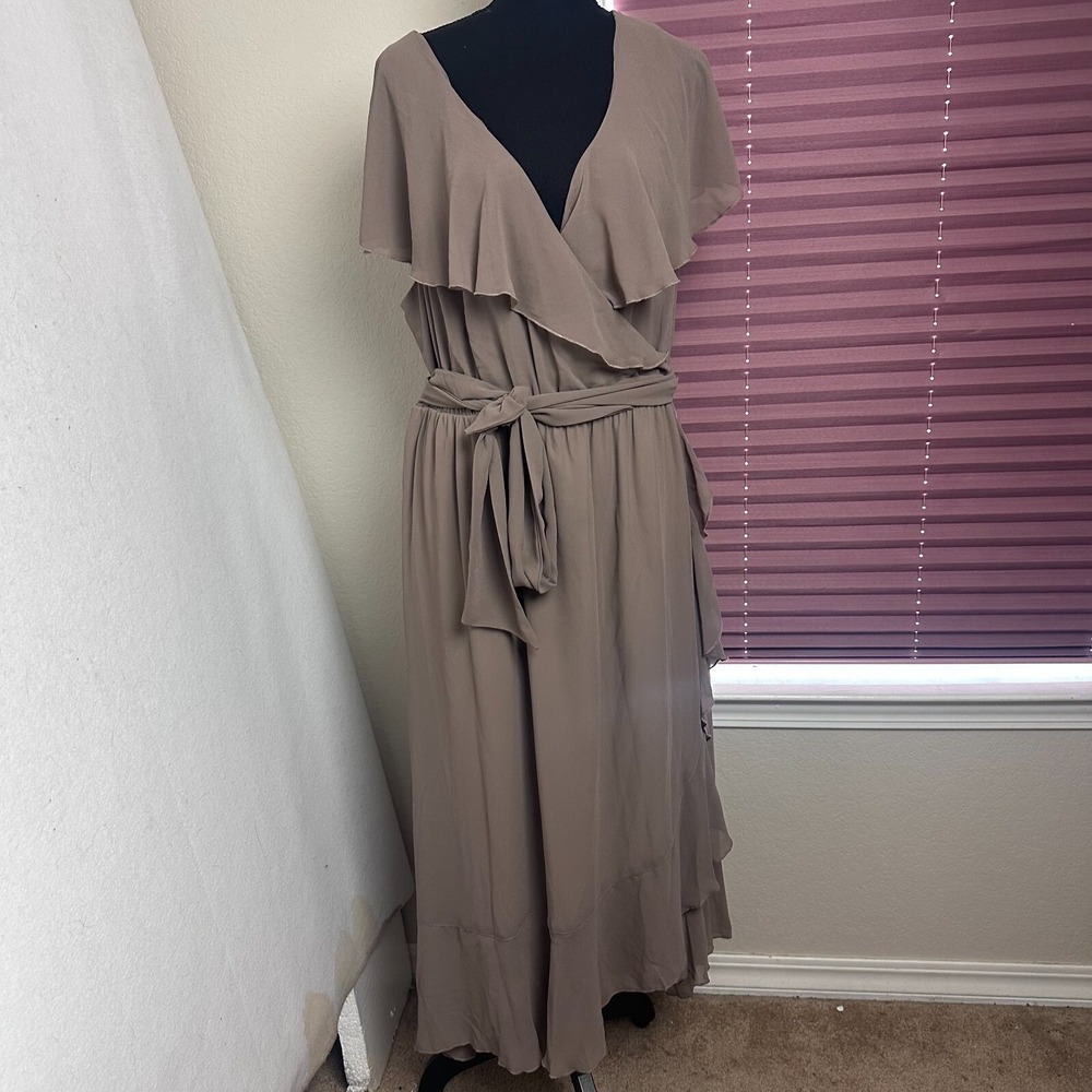 Taupe Ruffle Wrap Maxi Dress V-Neck Tie Waist Chiffon Evening Gown Brown
